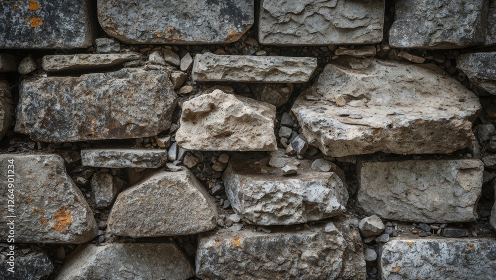 Poster textured stone wall with varying sizes and shapes of gray and beige stones with moss and lichen grow