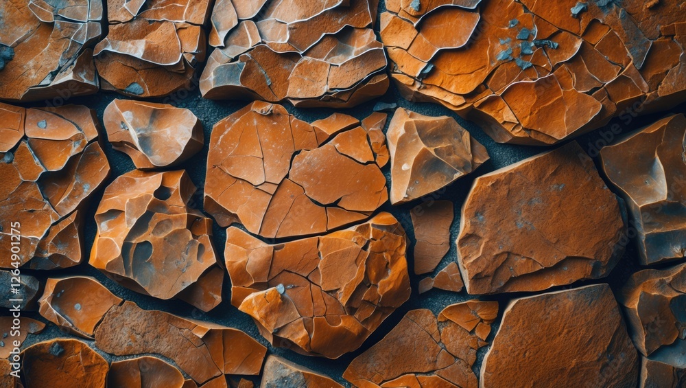 Poster Textured surface of broken orange rock formations with visible cracks and details suitable for backgrounds or natural themes