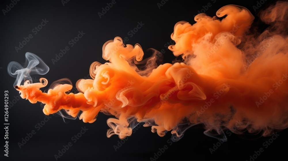 Poster Abstract orange smoke swirling against a dark background with wisps of white, creating dynamic movement and texture, Copy Space