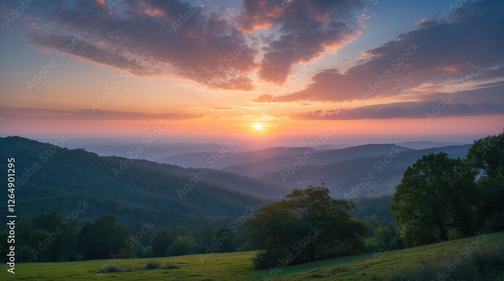 Poster sunset over rolling hills with layers of mountains and trees in the foreground showcasing vibrant cl
