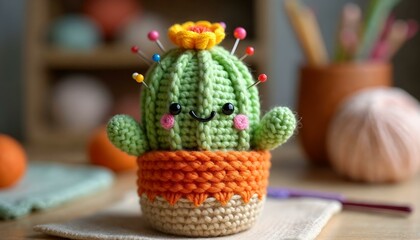 A close-up of an adorable amigurumi-style handcrafted crochet cactus pincushion with a cute smile, bright eyes, and rosy cheeks, sitting in a hand-crocheted, textured orange pot with a beige bottom. 