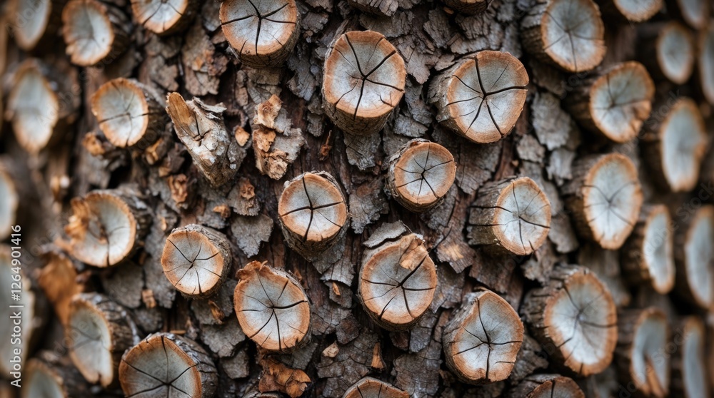 Poster Close-up of tree bark with distinctive round growth patterns and textures featuring irregularities and natural color variations. Copy Space