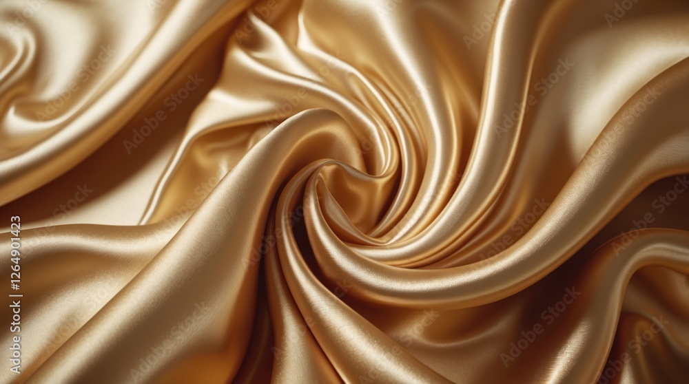 Poster Gold satin fabric texture with smooth waves and folds creating a luxurious appearance detailed for use in various design projects. Copy Space