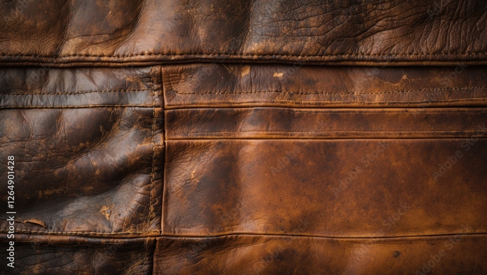 Poster close-up view of aged brown leather texture with visible wrinkles and stitching details suitable for