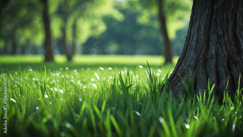 Poster lush green grass and tree trunk in sunny park setting with blurred background and sunlight filtering