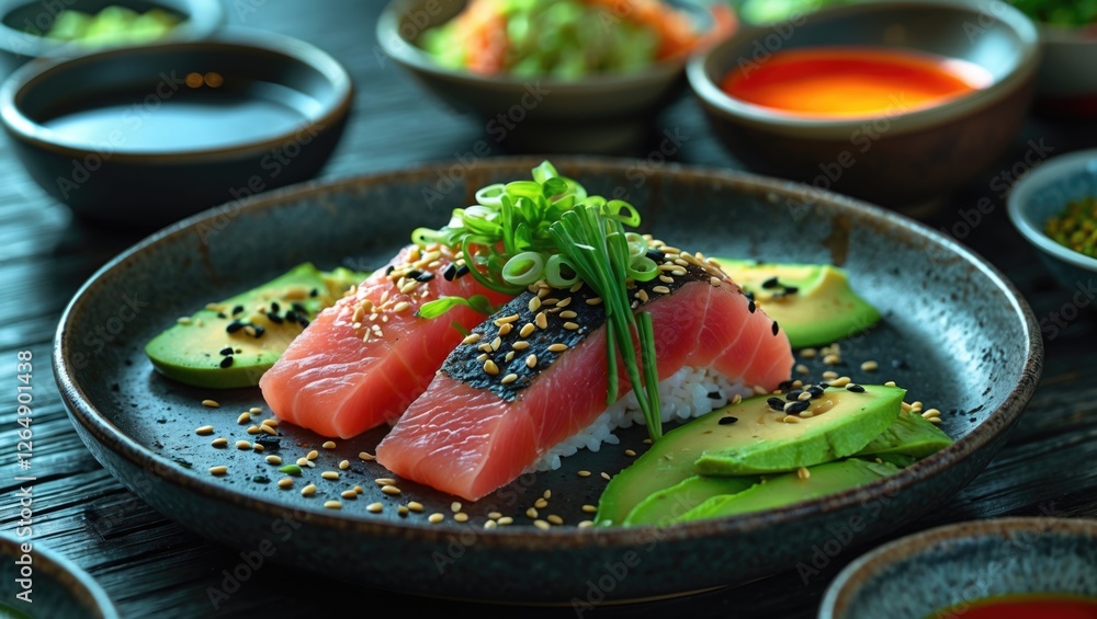 Poster sushi platter with salmon slices avocado and sesame seeds on a dark plate surrounded by dipping sauc