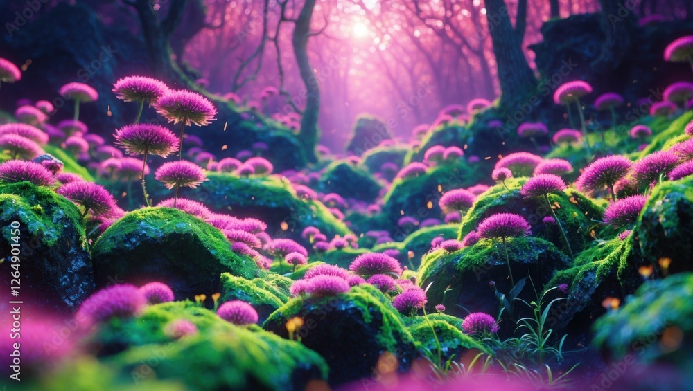 Poster vibrant meadow with purple flowers and lush green moss surrounded by trees in a mystical forest sett