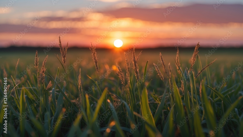 Poster sunset over a field of grass with tall blades in the foreground and a warm orange and purple sky in 