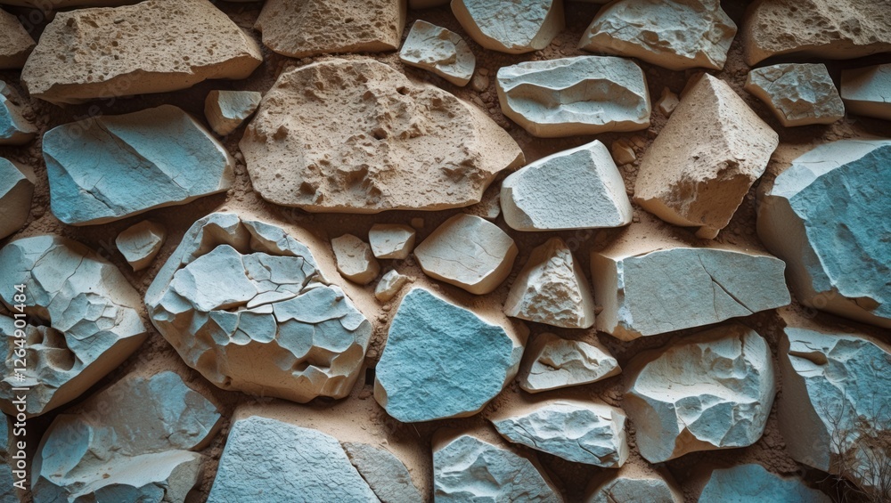 Poster textured wall made of various sizes of blue and beige stones arranged irregularly with rough surface