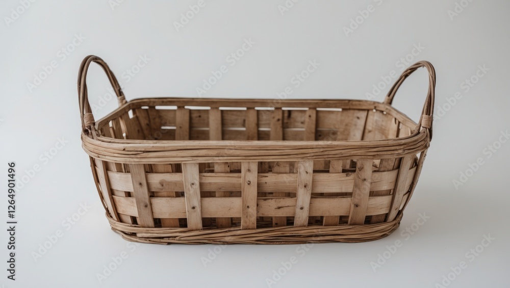 Poster woven wooden basket with handles on a plain background suitable for display or storage with copy spa