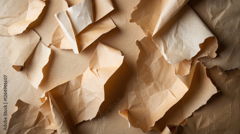 Poster Wrinkled crumpled brown paper sheets on a light beige background creating a textured abstract surface with copy space