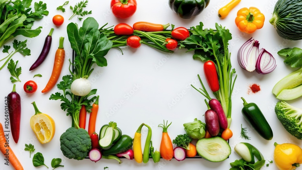 Poster fresh assorted vegetables arranged in a frame pattern on a white background with copy space for text