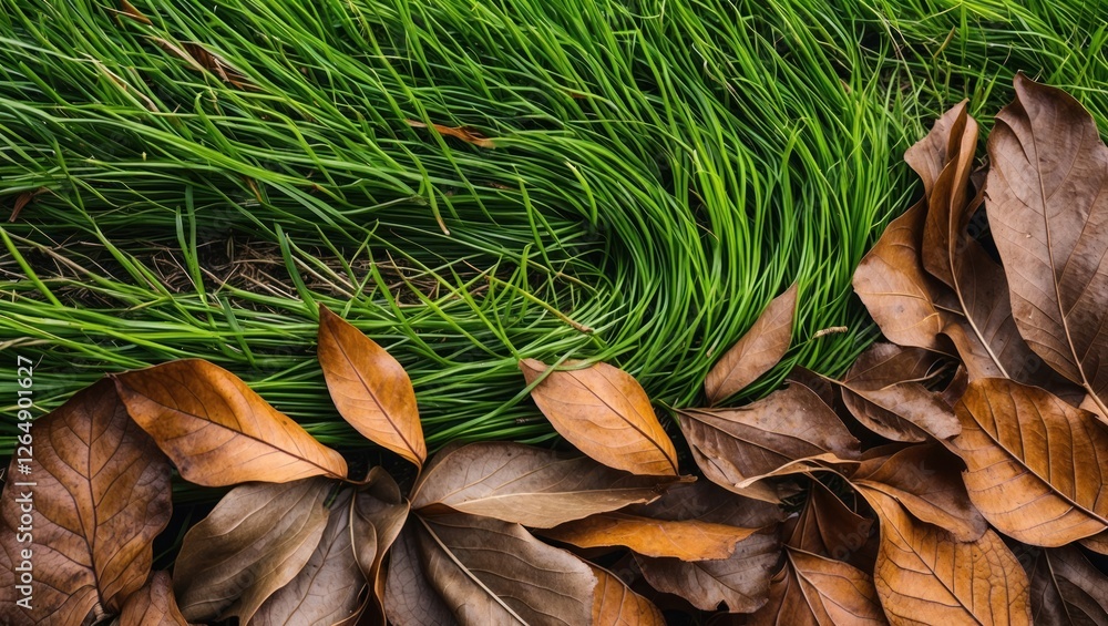 Poster fresh green grass and dry brown leaves arranged in spiral pattern on ground with copy space for text