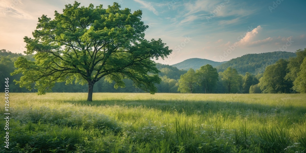Poster lone green tree in open field with mountains in background under blue sky and scattered clouds copy 