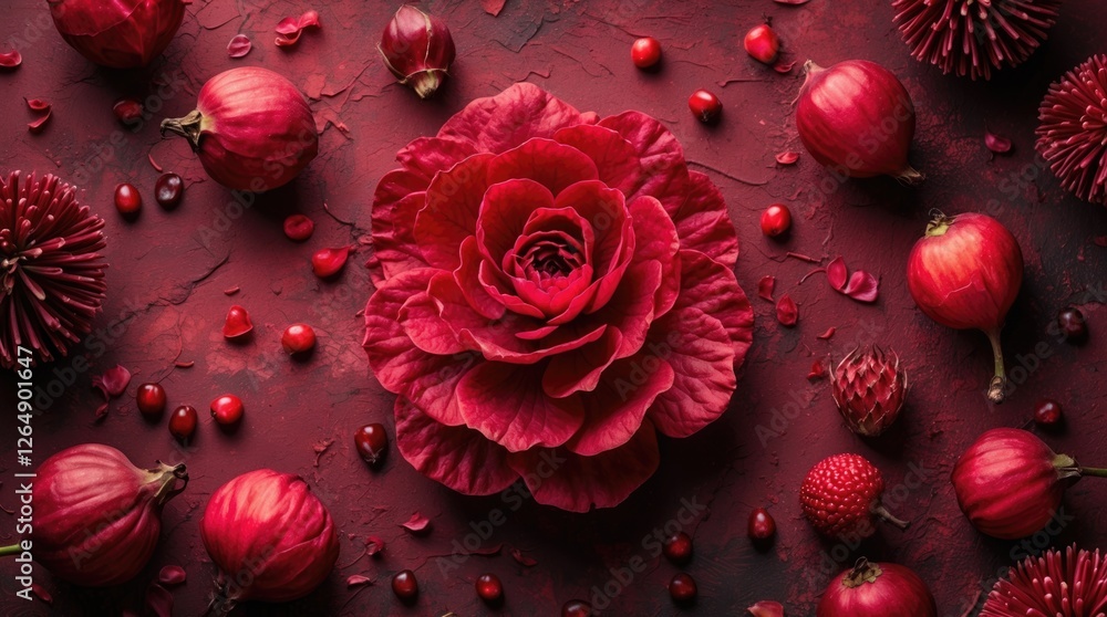 Poster Red rose surrounded by assorted red fruits and decorative elements on a textured surface with rich colors and Copy Space