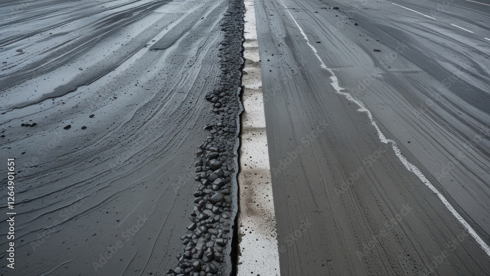 Poster grey gravel and dark sand road texture with a white line in the center showing horizontal patterns a