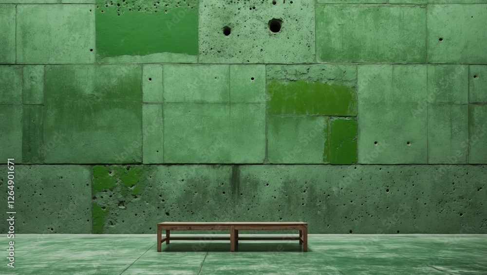 Aufkleber green textured concrete wall with uneven patches and a simple wooden bench in front, minimalistic de