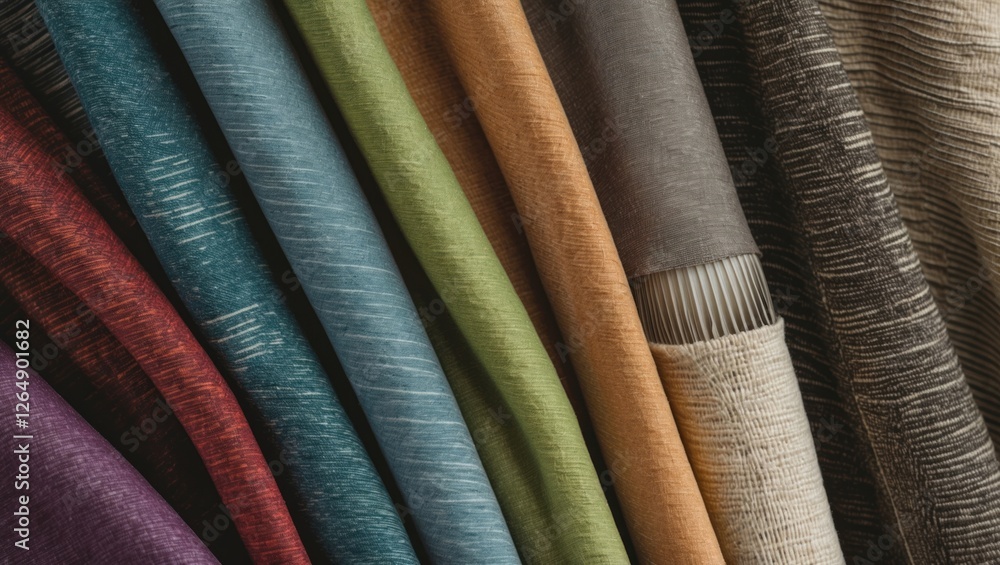 Poster Textured fabric samples in various colors arranged in a row with visible grain patterns suitable for textile design projects Copy Space