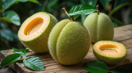 Fresh green melons with textured skin and sliced revealing bright orange flesh on wooden surface with leaves in the background Copy Space