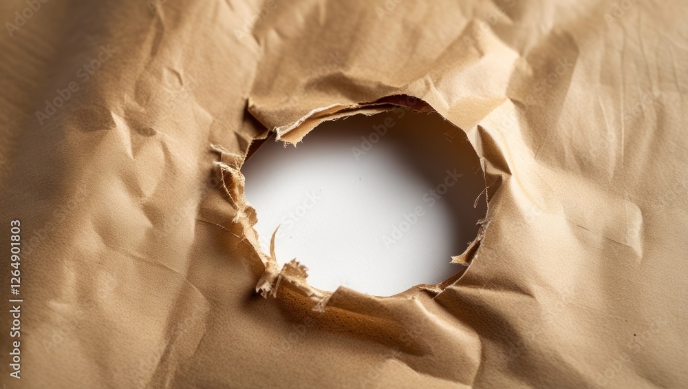 Poster torn brown paper with a circular hole exposing a blank white surface behind it copy space