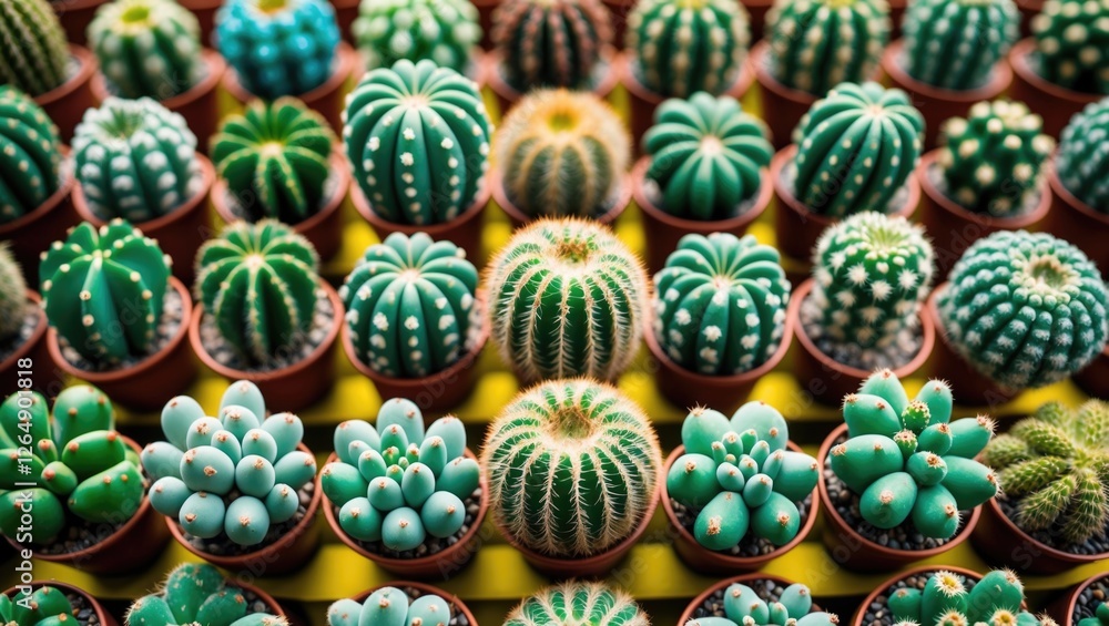 Aufkleber variety of colorful cacti in small pots arranged in a vibrant display with green and blue hues and y