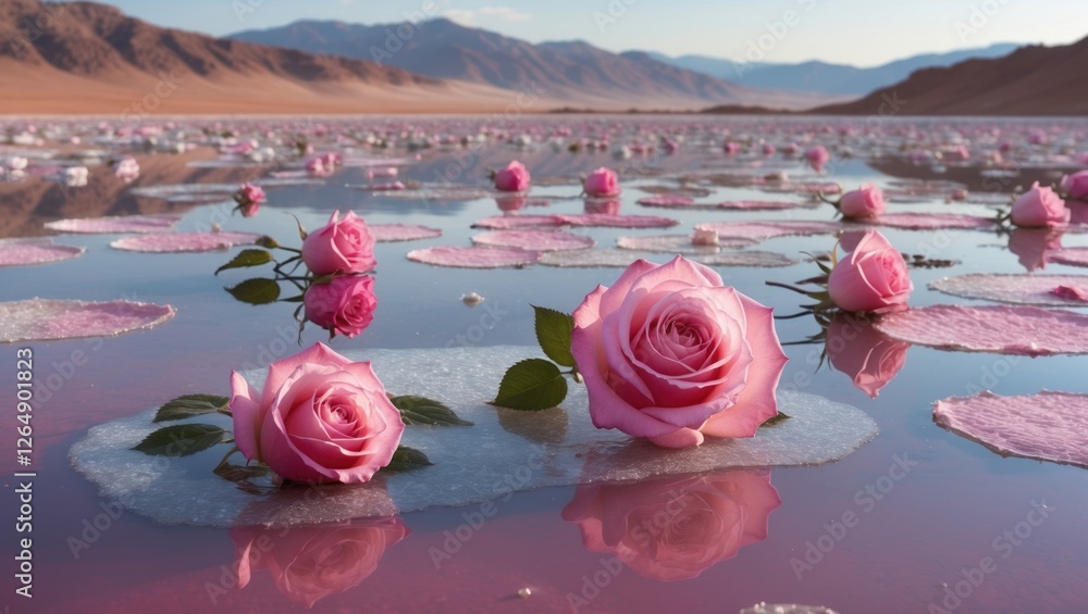 Poster roses floating on a reflective pink water surface with mountains in the background showcasing a tran