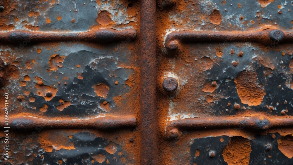 Poster rusty metal surface with oxidized paint and rivets showing weathered texture and corrosion details, 