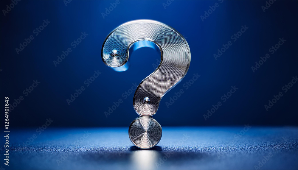 Poster shiny silver or chrome question mark on blue background. faq and qa. problem solution.