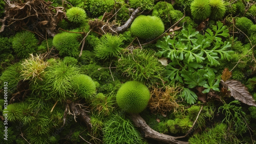 Poster lush green moss and ferns covering forest floor with various textures and shapes natural background 