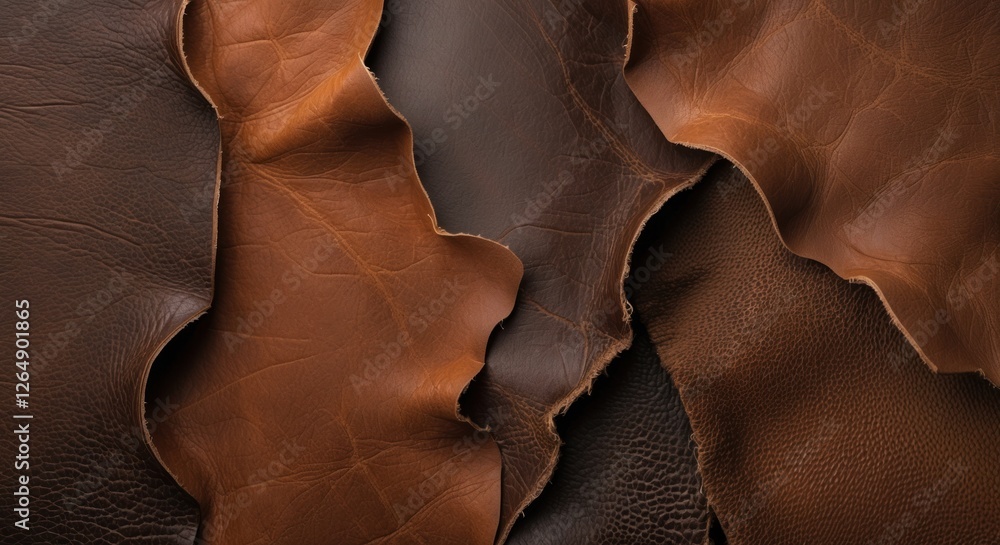 Poster brown leather textures in a layered arrangement showcasing different shades and finishes with copy s