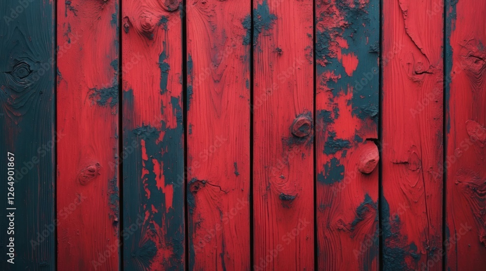 Poster abstract textured wooden background with red and dark blue paint showing peeling and weathered surfa