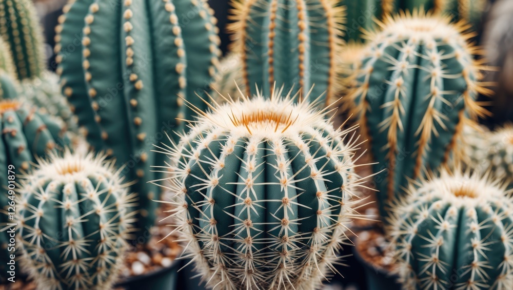 Poster cacti cluster in a greenhouse setting showcasing various shapes and sizes with spines and vibrant co