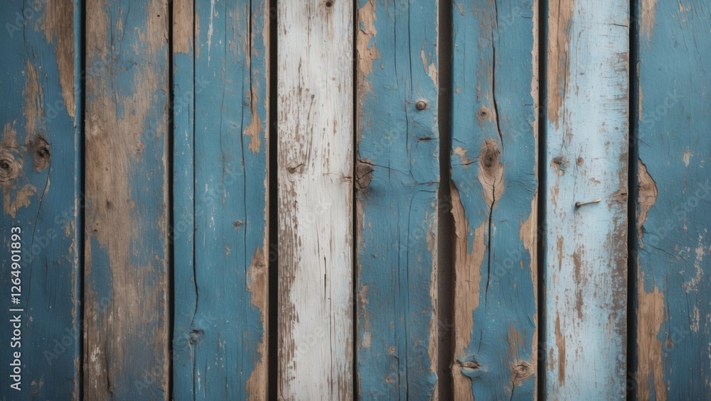 Aufkleber Weathered wooden planks in shades of blue and white with visible grain and texture creating a rustic background Copy Space