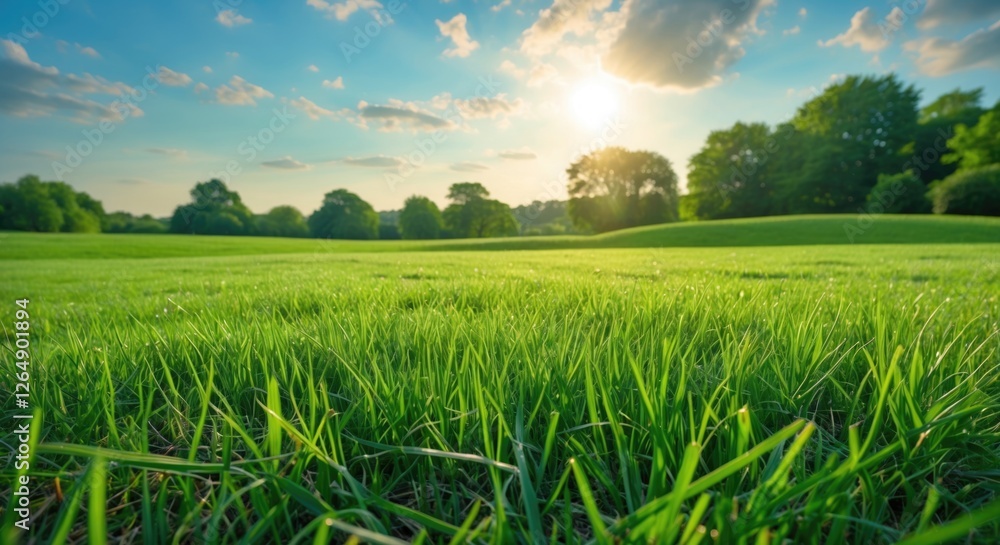 Poster Green grass field under a bright blue sky with clouds and sunlight shining through trees in the background Copy Space