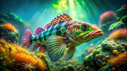 Double Exposure Painted Greenling, Fish, Nature, Art, Abstract, Wildlife, Oxylebius pictus, Underwater, Aquatic, Ocean, Green, Vibrant, Colors, Surreal, Photography, Realistic, Digital Art, AI Art,  G