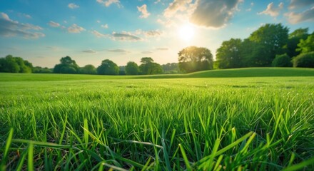 Green grass field under a bright blue sky with clouds and sunlight shining through trees in the background Copy Space