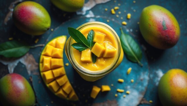 Mango smoothie in a jar with fresh mango pieces and leaves surrounded by whole mangoes on a rustic background with copy space