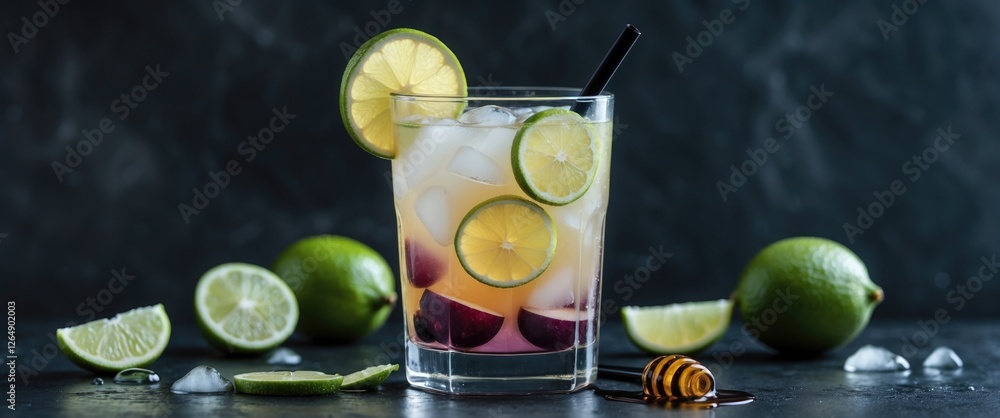 Poster freshly mixed cocktail with lime and lemon slices surrounded by limes on dark textured background wi