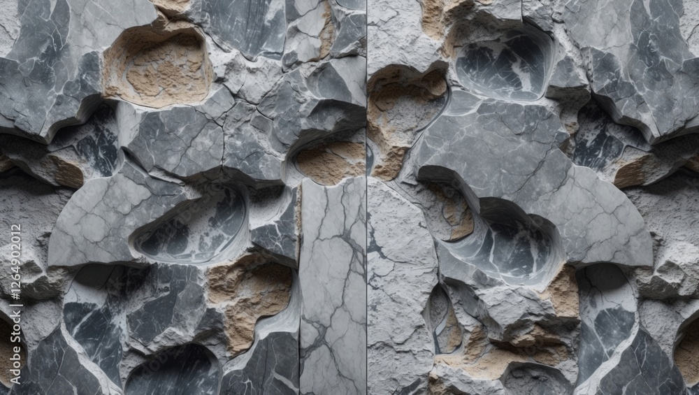 Poster textured gray marble wall with irregular holes and patterns, featuring a mix of smooth and rough sur