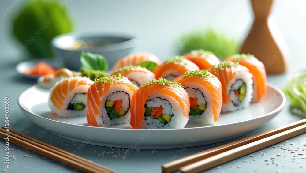 Poster Sushi rolls with salmon and vegetables on a white plate with chopsticks and condiments in the background Copy Space