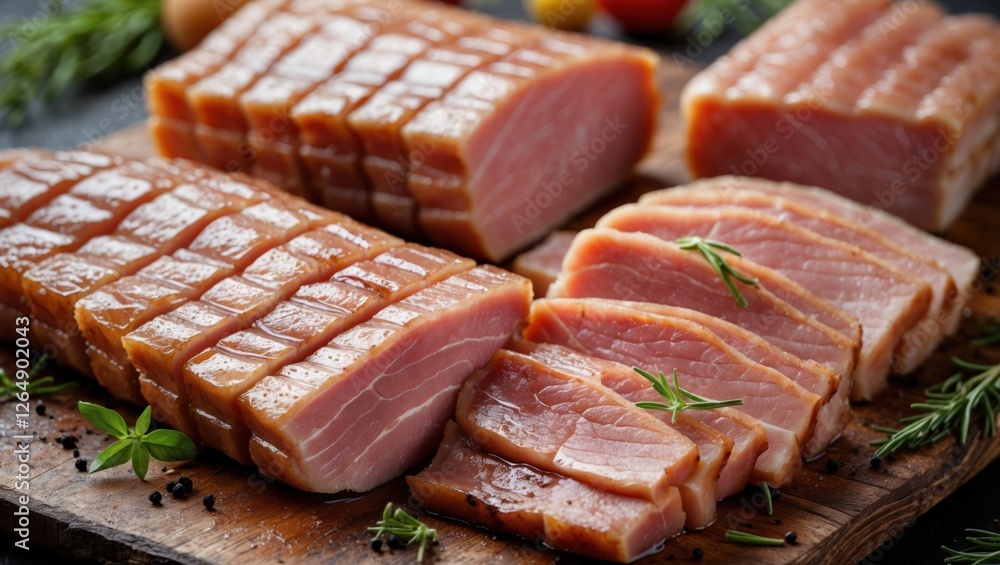 Poster sliced cured meat on a wooden board with herbs and spices arranged aesthetically for culinary presen