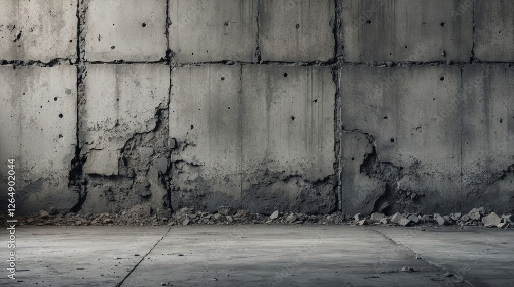 Poster concrete wall with cracks and imperfections in industrial interior setting emphasizing rough texture