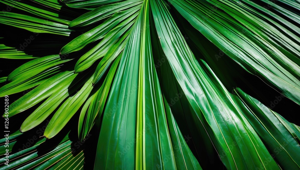Poster close-up view of vibrant green palm leaves with detailed texture and natural patterns suitable for b