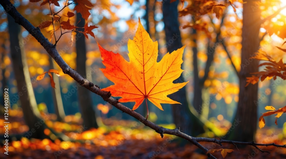 Poster Vibrant autumn maple leaf on a branch in a sunlit forest with colorful foliage and soft background bokeh Copy Space