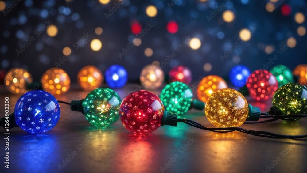 Poster Colorful string lights with various patterns illuminated on a surface with blurred background bokeh lights Copy Space