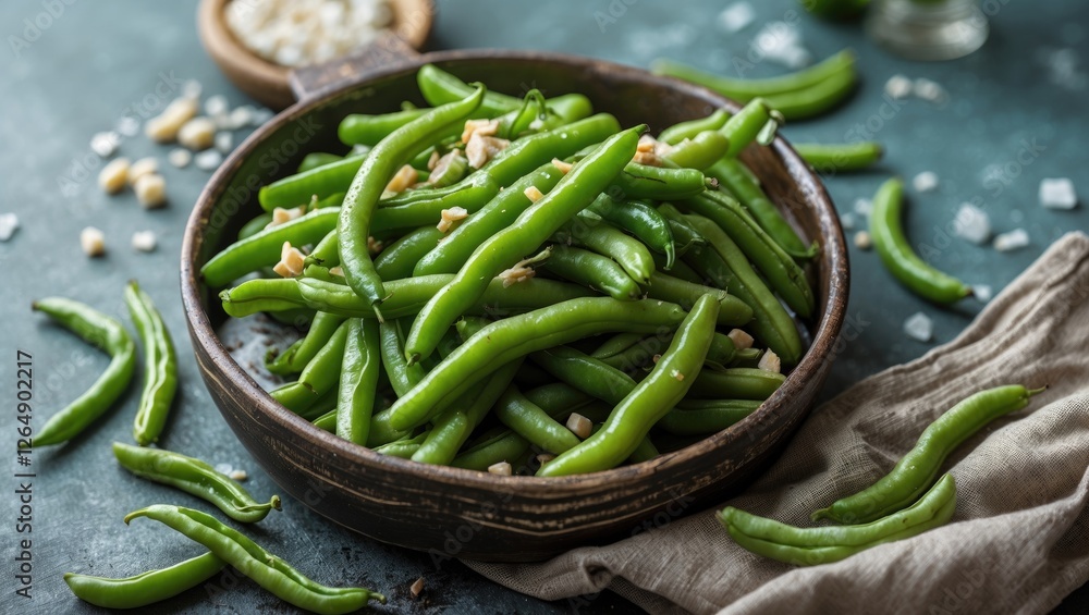 Poster cooked green beans with garlic and nuts in a rustic bowl on a blue surface with scattered ingredient