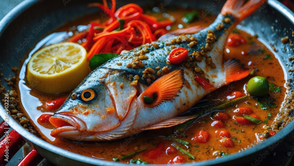 Poster cooked fish with spices garnished with lemon and red chili in a serving pan on a wooden table with t