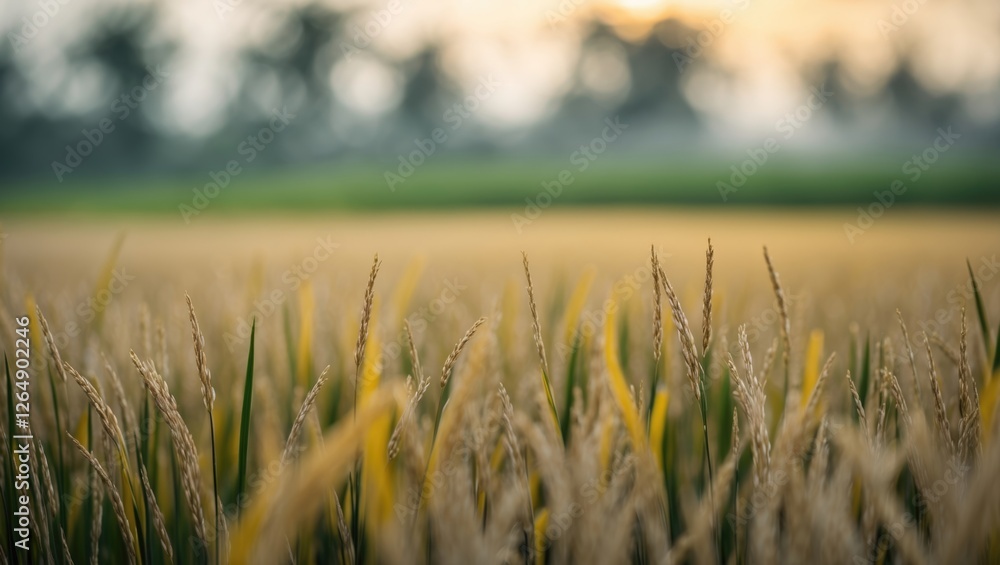 Poster golden rice field at sunset with blurred background and copy space for text usage