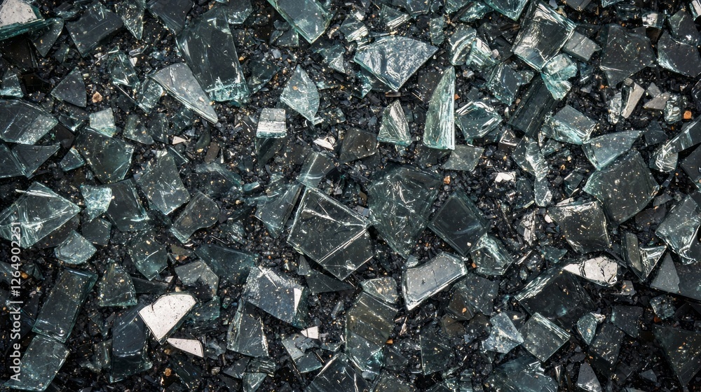 Aufkleber Fragmented pieces of dirty glass are scattered across a dull black surface, reflecting faint glimmers of light. This chaotic arrangement creates an abstract display of sharp angles and textures