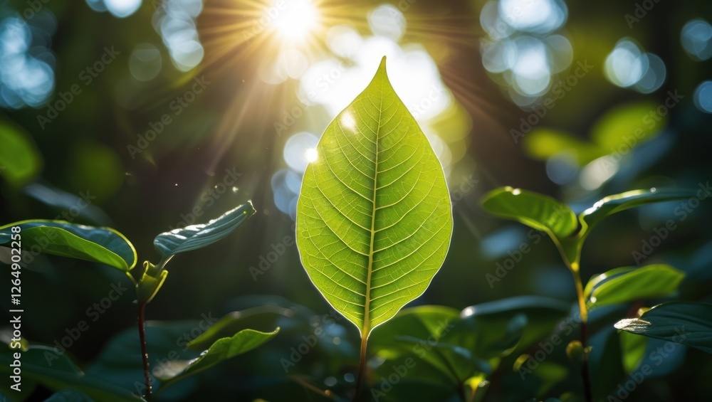 Poster close-up of a single green leaf with sunlight illuminating its surface surrounded by blurred foliage